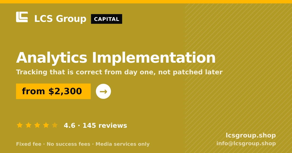 Analytics Implementation — from $2,300, rated 4.6/5 across 145 reviews. LCS Group Shop.