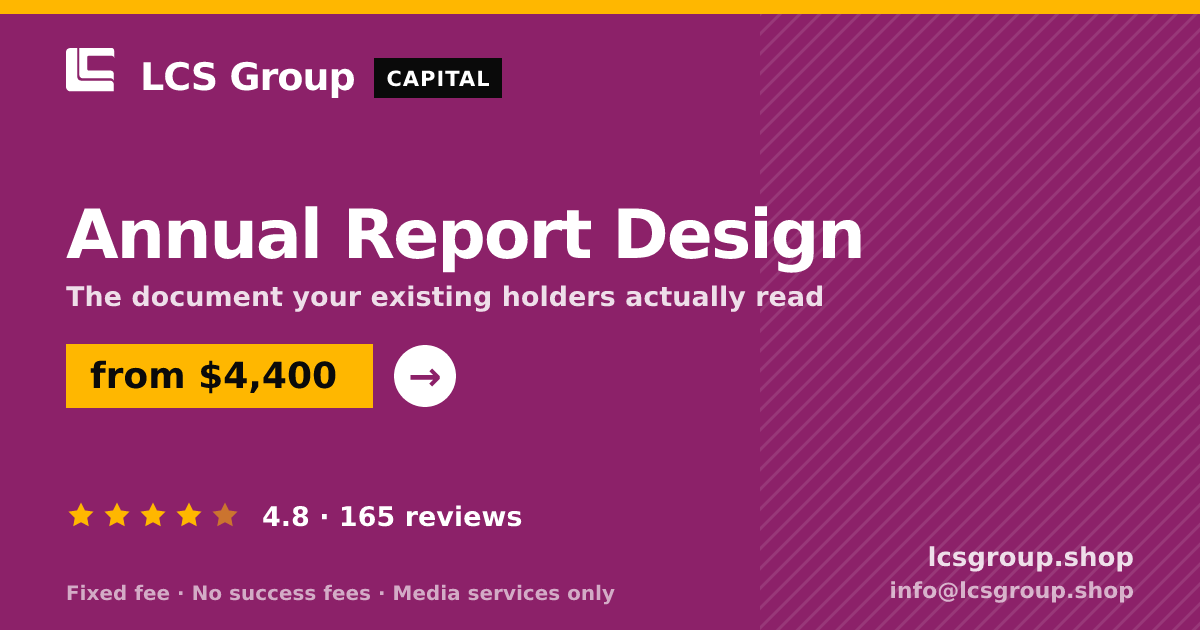 Annual Report Design — from $4,400, rated 4.8/5 across 165 reviews. LCS Group Shop.