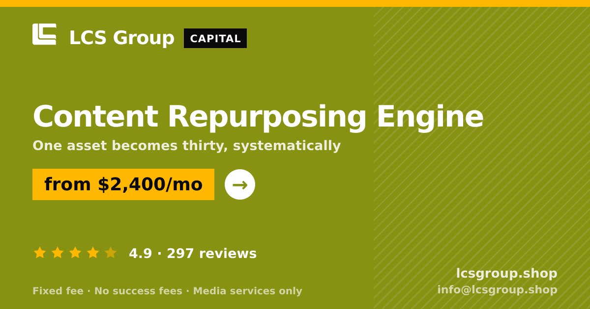 Content Repurposing Engine — from $2,400/mo, rated 4.9/5 across 297 reviews. LCS Group Shop.