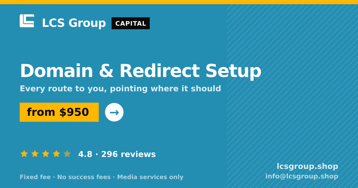 Domain & Redirect Setup — from $950, rated 4.8/5 across 296 reviews. LCS Group Shop.