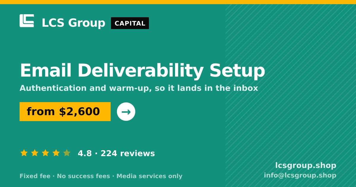 Email Deliverability Setup — from $2,600, rated 4.8/5 across 224 reviews. LCS Group Shop.