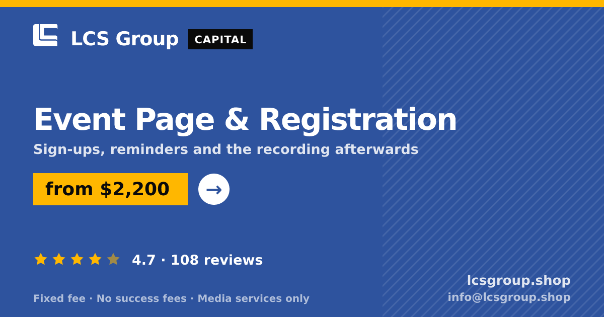 Event Page & Registration — from $2,200, rated 4.7/5 across 108 reviews. LCS Group Shop.