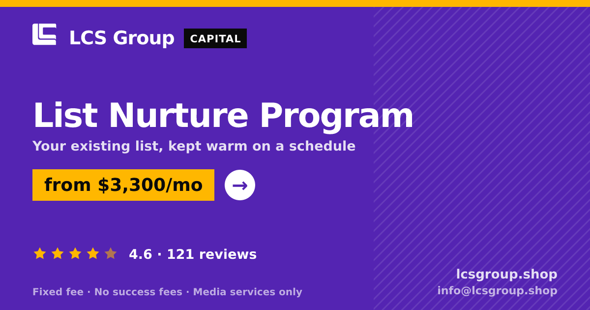 List Nurture Program — from $3,300/mo, rated 4.6/5 across 121 reviews. LCS Group Shop.