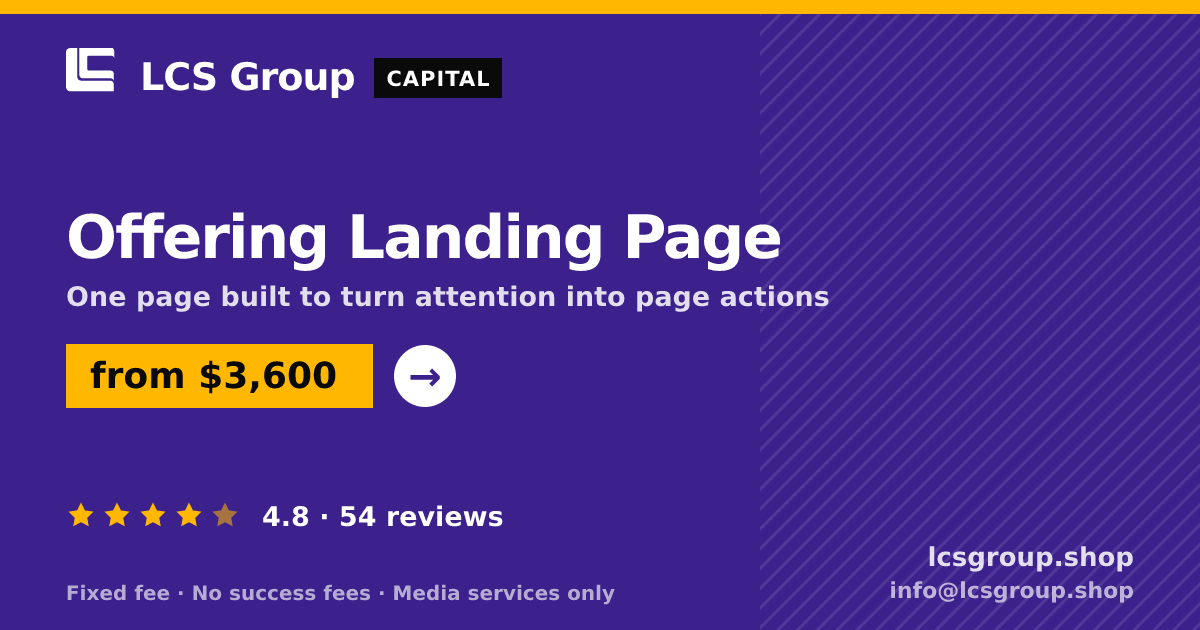 Offering Landing Page — from $3,600, rated 4.8/5 across 54 reviews. LCS Group Shop.