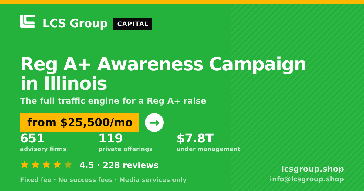 Reg A+ Awareness Campaign in Illinois — from $25,500/mo, rated 4.5/5 across 228 reviews. LCS Group Shop.