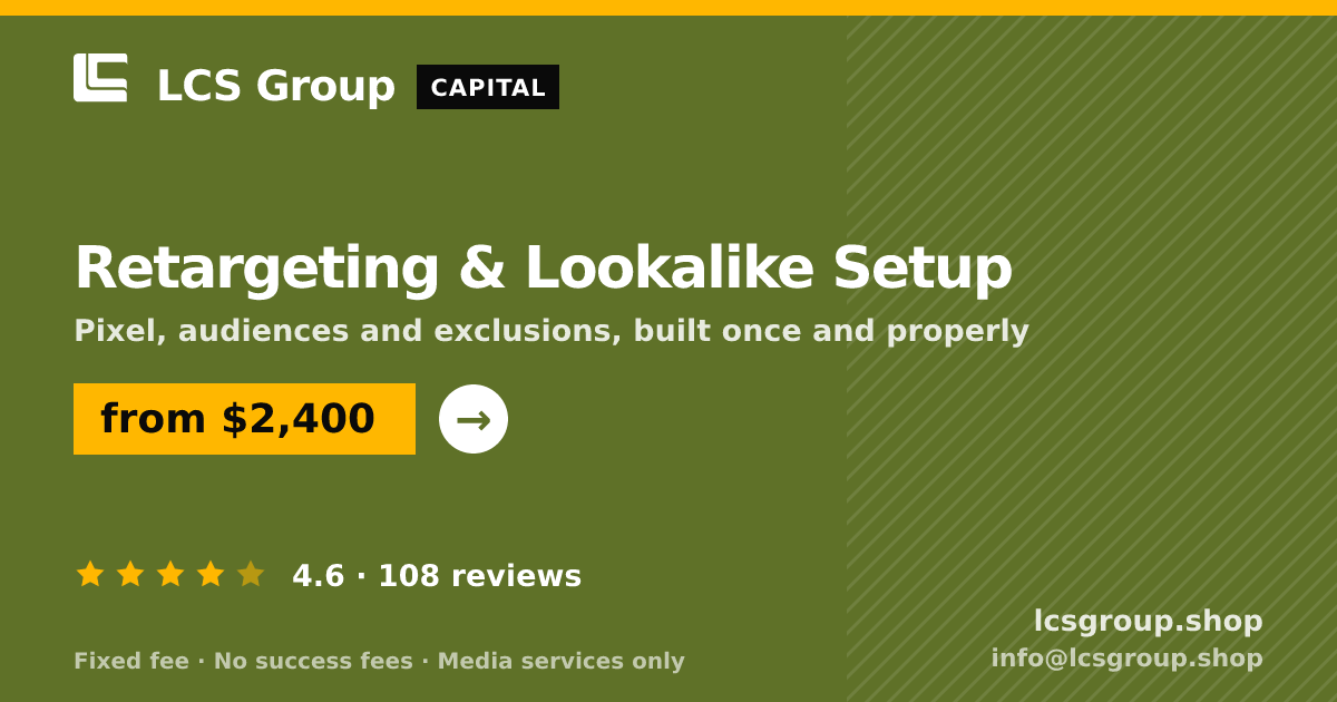Retargeting & Lookalike Setup — from $2,400, rated 4.6/5 across 108 reviews. LCS Group Shop.